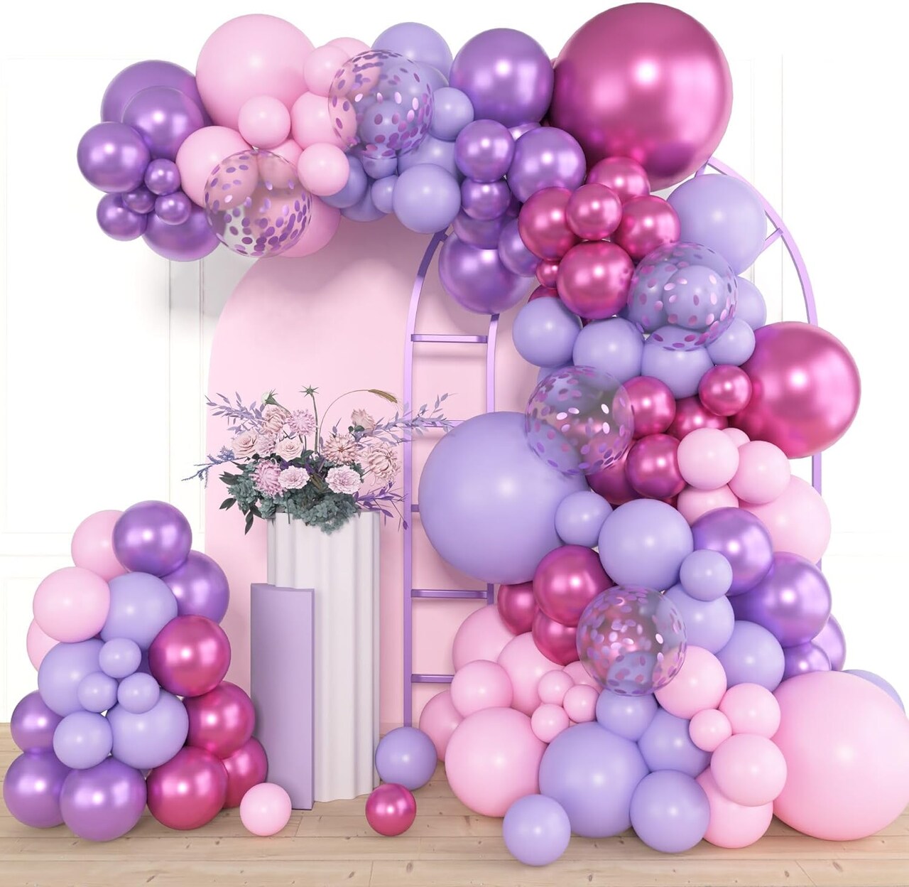 153pcs Pink Purple Balloon Garland Arch Kit, Different Sizes 18 12 10 5 inch Pink Purple Red Latex Metallic Confetti Purple Balloons